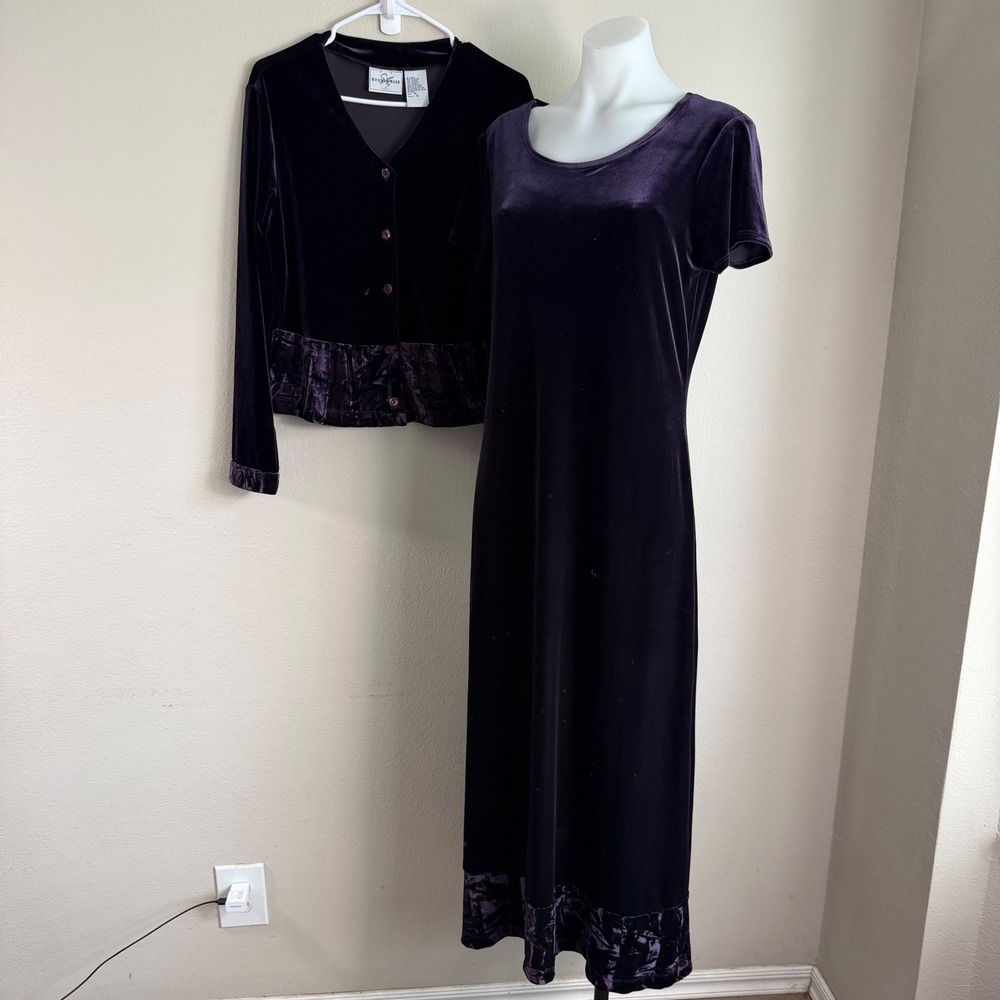 Vintage 90s Velvet Maxi Dress Jacket Set 10 Purple Whimsigoth Witchy Dark Fairy